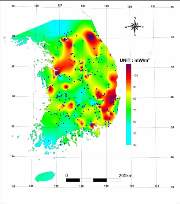 Fig. 2.  Terrestrial heat flow map of Korea. Total of 359 sampling locations are denoted by dots (After Song  et al ., 2005b)
