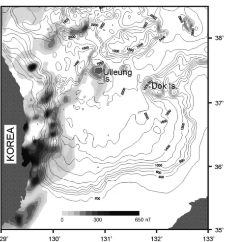 Fig. 7.  The positive magnetic anomaly at the Korean margin.