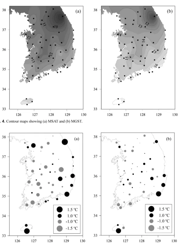Fig. 4.  Contour maps showing (a) MSAT and (b) MGST.