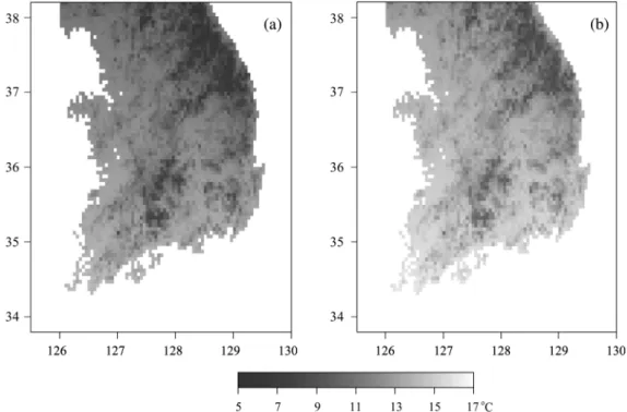Fig. 8.  Maps showing distribution of (a) MSAT and (b) MGST generated from the regression model by using Digital Mean Elevation Data (DMED) with a cell size of 1 km.