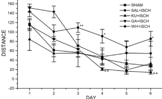 Fig. 1. Comparison  of  acquisition  performance  on  the  morris  water  maze  task  among  the  five  groups  of  the  rats