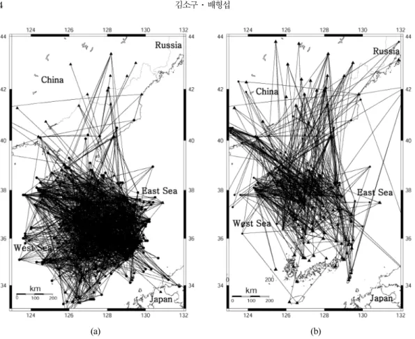 Fig. 3.  Distribution of seismic stations (triangles) and local earthquakes (circles) and ray paths used for inversion in (a) Southern Korea and (b) Northern Korea.