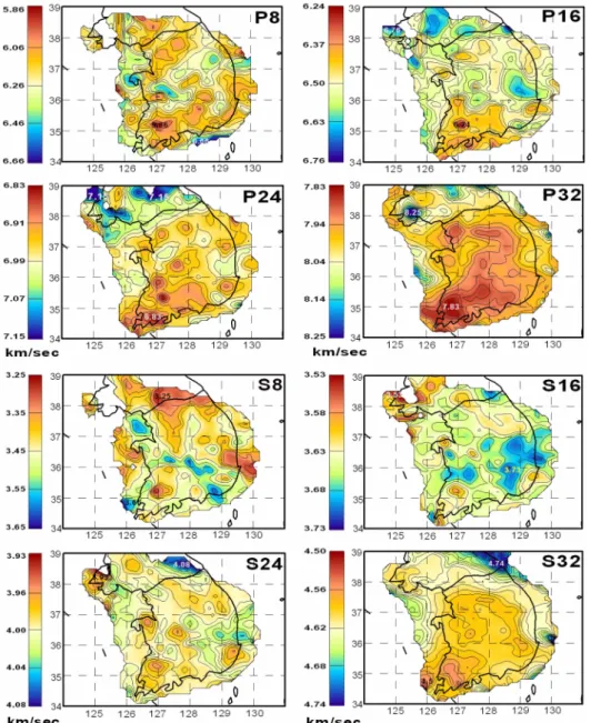 Fig. 6.  P- and S-wave velocity anomalies for horizontal sections at different depth levels for Southern part of the Korean Peninsula.