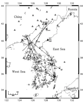 Fig. 7.  20 Profile lines for P and S-wave velocity anomalies at the vertical cross sections in the Korean Peninsula.