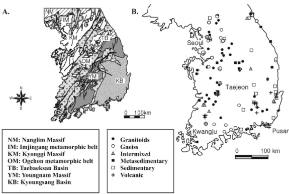 Fig. 1.  A) A simplified tectonic map of South Korea (after Chough  et al ., 2002). B) Locations of the studied deep groundwaters in relation to geologic setting.