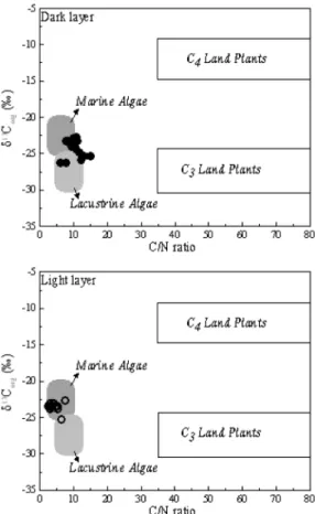 Fig. 6.  A cross-plot of C/N ratio and  δ 13 C org  values from sediments ODP Leg 127 Site 794A.