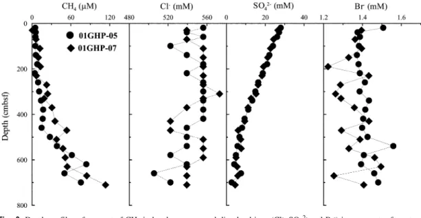 Fig. 3. Depth profiles of amount of CH 4  in headspace gas and dissolved ions (Cl - , SO 4 2-  and Br - ) in pore water from two cores (01GHP-5 and 01GHP-7).