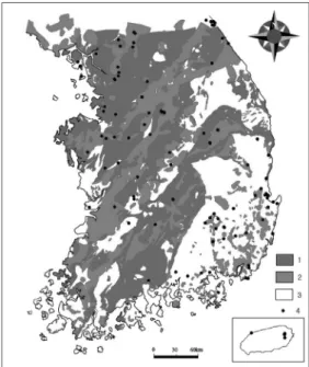 Fig. 1.  A simplified geologic map and the locations of boreholes in the study area (1:Gneiss, 2: Granite, 3: