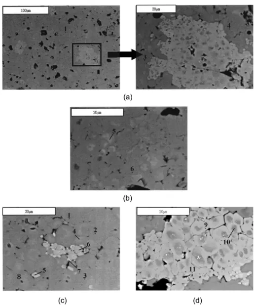 Fig. 4.  BSE images of samples air-synthesized with the precursor composition of Ca 1.5 GdCe 0.5 ZrFeFe 3 O 12 