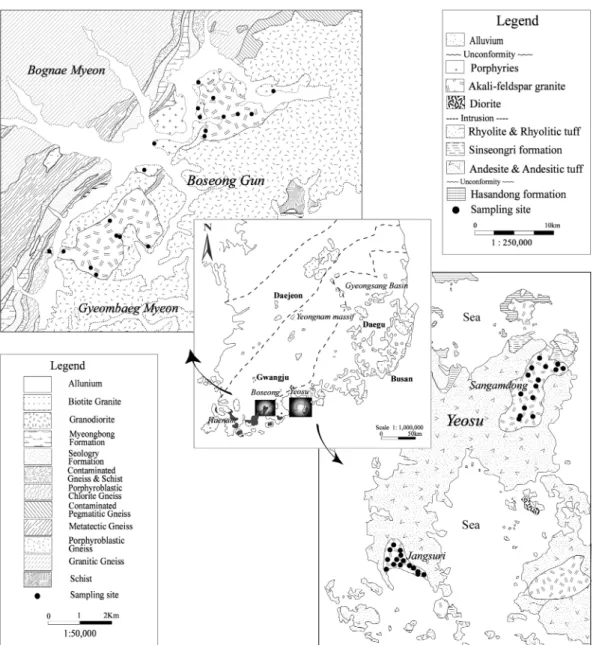 Fig. 1.  Geological and sample locality maps for Yeosu and Boseong area. 