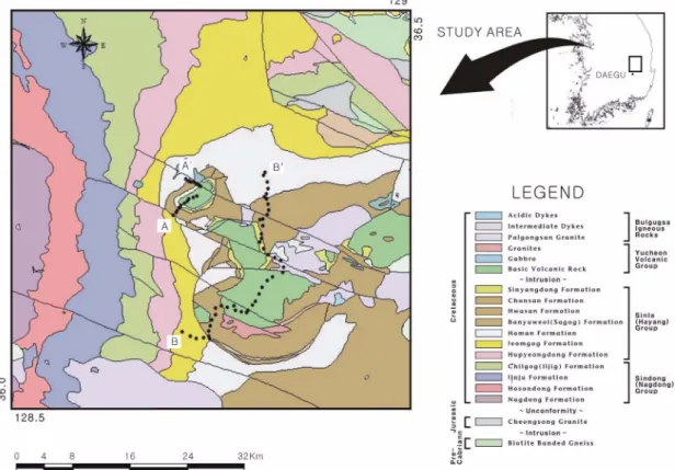 Fig. 1.  Geological map of the study area. Black dots indicate survey points on the lines of A-A' and B-B' for gravity measurements.