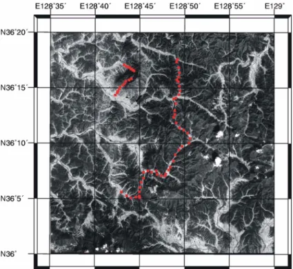 Fig. 2.  True color composite image of the IRS satellite over the study area. Red dots indicate gravity measurement points.