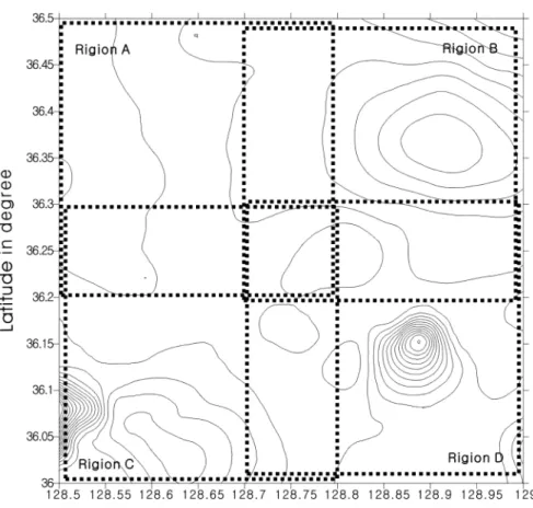 Fig. 8.  Subdivided area map for the 2-D power spectrum analysis. Size of each area is 0.3 o × 0.3 o .