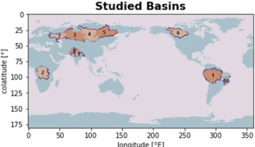 Fig. S3.  Studied basins (1: Amazon, 2: Congo, 3: Ob, 4: Yenisei, 5: Lena, 6: Mackenzie, 7: Volga, 8: Indus, 9: Ganges, 10: