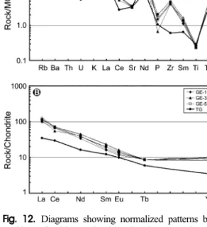 Fig. 12. Diagrams showing normalized patterns by com- com-position of mid-oceanic ridge basalt (A) and rare earth element of meteorite for the West pagoda of the Gameunsaji temple site