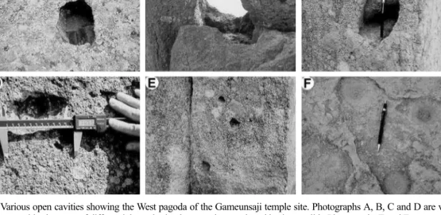 Fig. 6. Various open cavities showing the West pagoda of the Gameunsaji temple site. Photographs A, B, C and D are variable large open cavities because of differential weathering between host rock and basic xenolith
