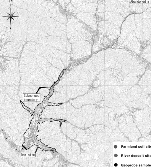 Fig. 2. Sampling locations for farmland soils and river deposits around Goro abandoned mine.