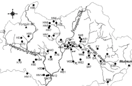 Fig. 1. Drainage map showing groundwater sampling sites in  Gwangju area. Dashed line represents a cross section line(A-A').
