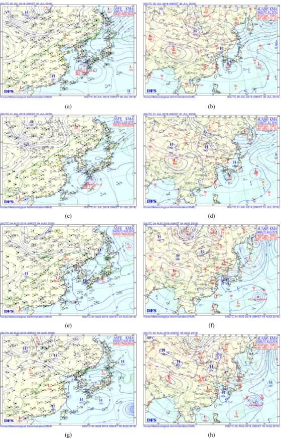 Fig. 3. Surface chart (left) and 850 hPa Chart (right) of KMA at 0000 UTC ((a)-(b): on 30 July 2018 (c)-(d): on 31 July 2018 (e)-(f): on 4 August 2018 (g)-(f) on 4 August 2018).