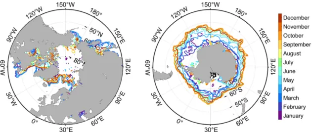 Fig. 8. Spatial distribution of monthly isothermal contours of WOA sea-surface temperatures of 0 o C in the global ocean in polar stereographic coordinates from January to December over the past decades.