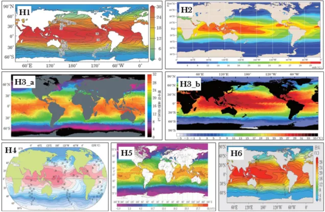 Fig. 1. Spatial distributions of sea-surface temperature in the global ocean in high-school earth science textbooks, where the symbols from H1 to H6 represent the index key of each text book.