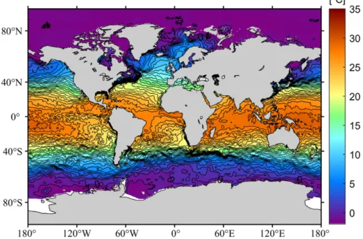 Fig. 3. Spatial distributions of sea-surface temperature (0 m) in the global ocean in January from WOA18 climatology database.