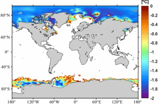 Fig. 4. Freezing temperature (red solid line) and tempera- tempera-ture of maximum density (blue solid line) of sea water with respect to sea water salinity (‰) (Millero, 1978; Caldwell, 1978; Knauss and Garfield, 2017).