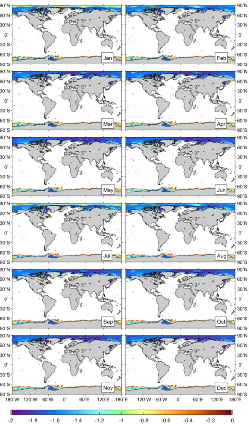 Fig. 6. Monthly distribution of extremely low sea-surface temperatures of less than 0°C in the global ocean using WOA clima- clima-tology from January to December over the past decades.