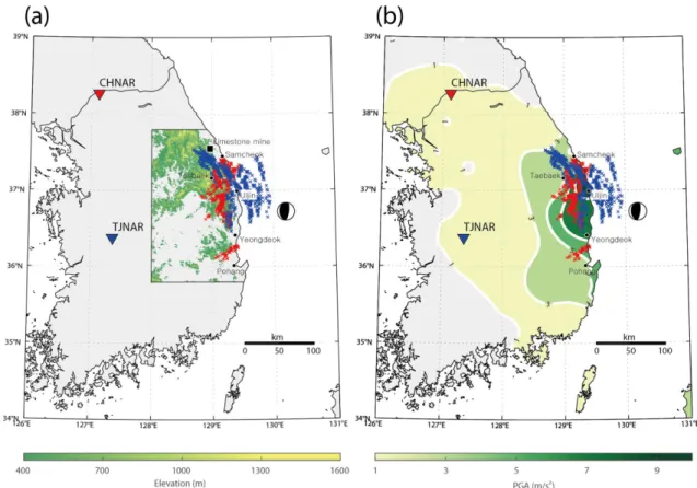 Fig. 3. Infrasound source location results by the back-projection method, and comparison with (a) digital elevation model (DEM) and (b) peak ground acceleration (PGA)