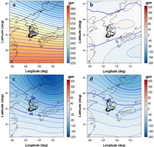 Fig. 5. Distribution of averaged 500 hPa geopotential height on ‘All_H’ (a) and the difference of averaged fields on ‘All_H’