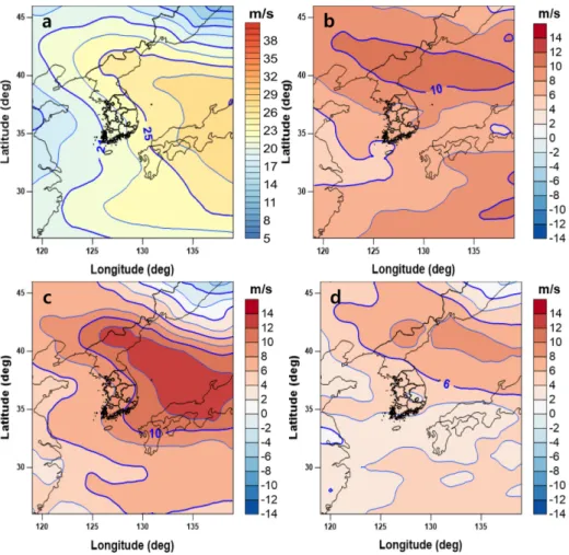 Fig. 6. Distribution of averaged wind speed at 500 hPa on ‘All_H’ (a) and the difference of averaged fields on ‘All_H’ with on