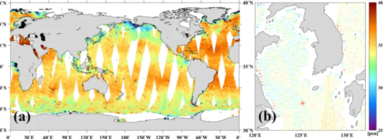 Fig. 2. Sea surface salinity from SMAP (a) in the global ocean and (b) in the northwest Pacific for one day on January 1, 2020