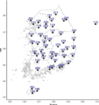Figure 1: Part of ASOS station in south korea for this study. 2. 자료 및 방법 현재 우리나라에서는 102개소의 ASOS로부터 기상관측자료가 축적되고 있다