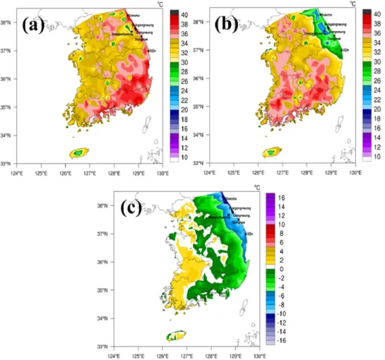 Fig. 1. Distribution of daily maximum temperature ( o C) at (a) 21 KST 5, (b) 09 KST 6 August 2018 and (c) daily maximum temperature difference ( o C) over the Korean Peninusula from 5 to 6 August 2018, respectively.