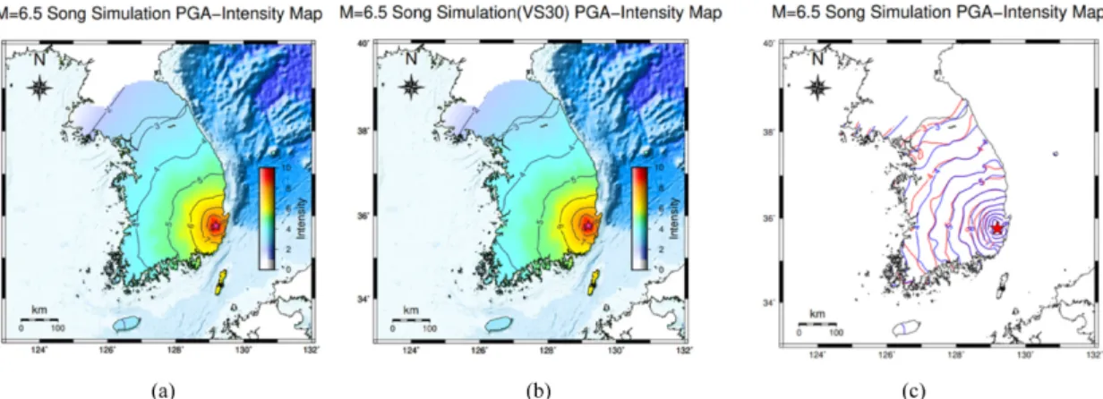 Fig. 8. PGV-MMI conversion isoseismal map for magnitude 6.5 (a) without site effect (V S30 ), (b) with site effect ( V S30 ) (c) inte- inte-grated map of (a) and (b) without (blue line) and with (red line) site effect (isoseismal interval=0.5).