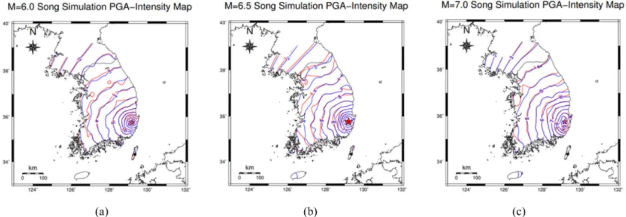 Fig. 9. PGA-MMI conversion isoseismal map without (blue line) and with (red line) site effect