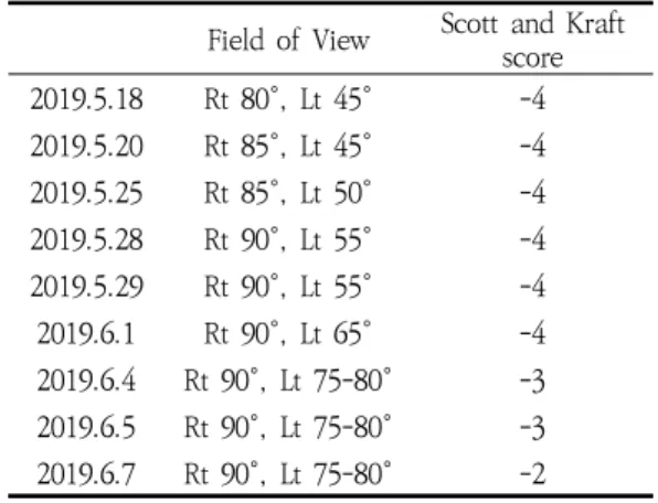 Table  2.  Changes  in  Visual  Field  and  Scott  and  Kraft  Score  according  to  Treatment  Duration