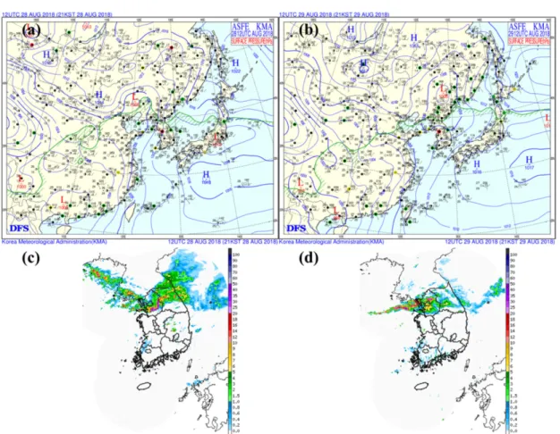 Fig. 3. Surface weather chart (Korea Meteorological Administration) at a) 12UTC28AUG2018, b) 12UTC28AUG2018
