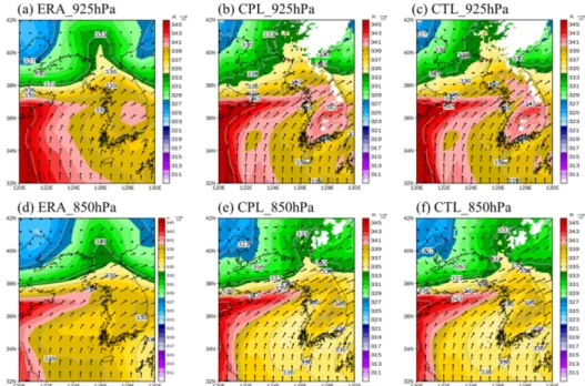 Fig. 8. Mean equivalent potential temperature (K) at 925 hPa bias against ERA-Interim of (a) CPL, (b) CTL