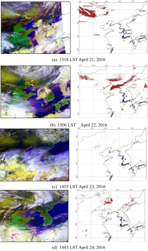 Fig. 1. RGB-composite images (left) and BTD analysis (right) showing the large-scale transport of dust storms (DS) from Mon- Mon-golia and northeastern China to central South Korea in 2016