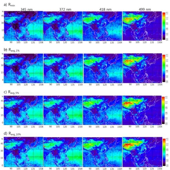 Fig. 3. Spatial distributions of LER over the East Asia during the period of October 2004-September 2007 at four wavelengths 345, 372, 418 and 499 nm from the four methods of a) R min , b) R avg_1% , c) R avg_5% , and d) R avg_10% 