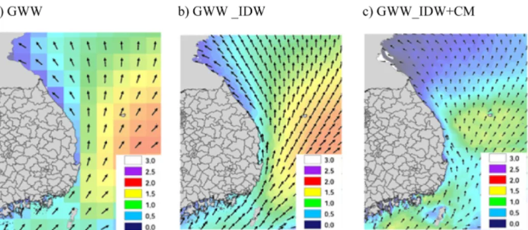 Fig. 3. The distribution of Global Wave Watch (GWW) model, GWW_IDW, and GWW_IDW+CM at 104 hour forecast from 0000UTC July 15 2017.