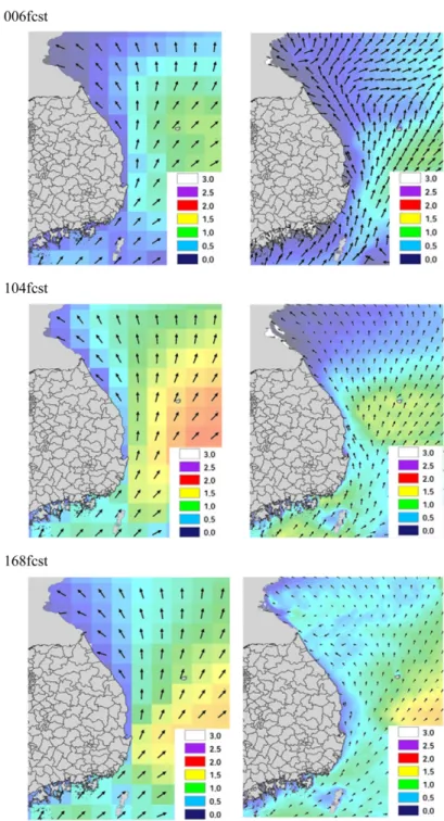 Fig. 4. The distribution of GWW and GWW_IDW+CM at 006, 104, 168 hour forecast from 0000UTC July 15 2017.