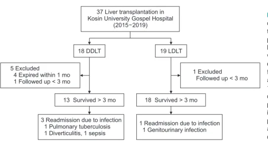 Fig. 1. Flowchart of study population. A total  of 37 patients underwent liver  transplanta-tion (LT): 18 with deceased donor liver  trans-plantation (DDLT) and 19 with living donor  liver transplantation (LDLT)