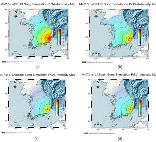 Fig. 8. PGA-MMI vs PGV-MMI conversion isoseismal map for magnitude 7.0 of two regions (CEUS &amp; LA Basin).