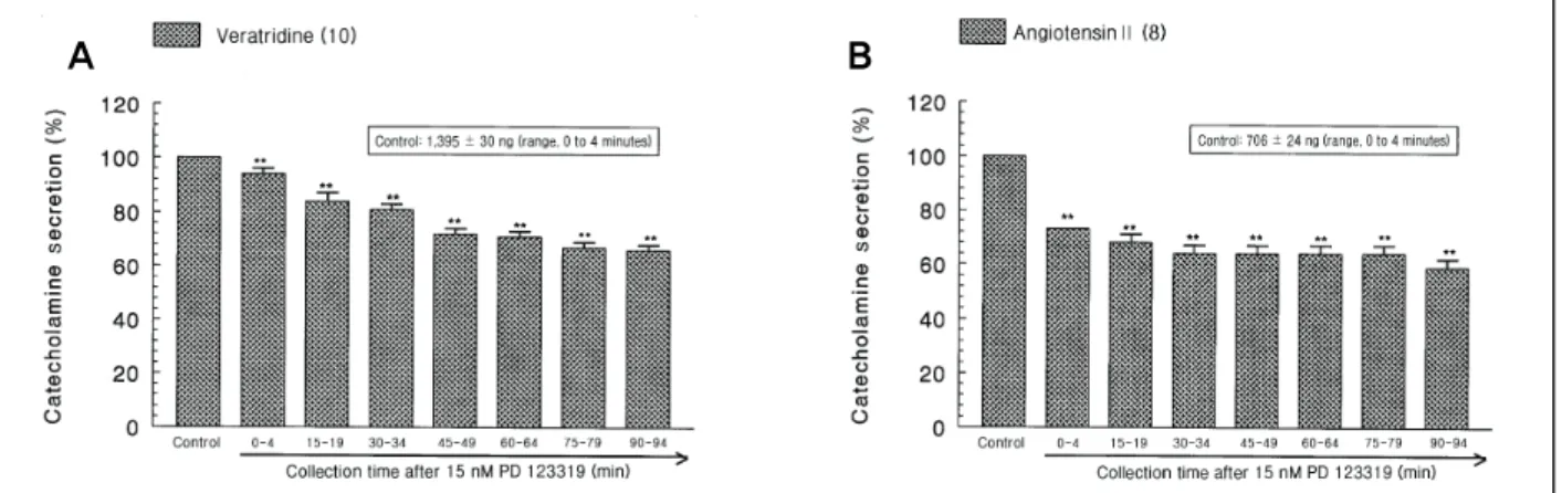 Fig. 4. Time-course effects of PD 123319 on the catecholamines (CA) release evoked by veratridine (A) and angiotensin II (B) from the perfused rat adrenal medullas