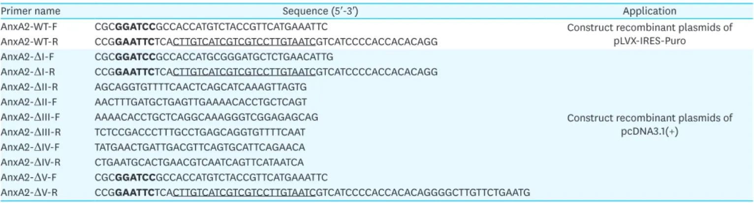 Table 1. List of primers used to create AnxA2-WT and AnxA2 deletion mutants
