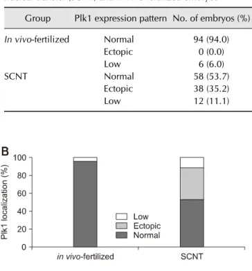 Table 3. Comparison of Plk1 expression patterns in somatic cell  nuclear transfer (SCNT) and in vivo-fertilized embryos
