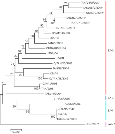Fig. 2. The serotype O neighbour-joining tree. The probability of trees in which the associated taxa clustered  together is shown next to the branches