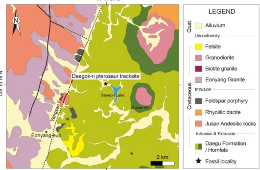 Fig. 2).  울산  지역의  언양  도폭과  모량  도폭(Kim et al., 1971) 에서  기술된  대구층은  인접  도폭인  양산  도 폭(Lee and Kang, 1964)에서는 대양동층이라 하였고, 울산  도폭(Park and Yoon, 1968a)과  방어진  도폭 (Park and Yoon, 1968b)에서는  울산층으로  기술하고 있다